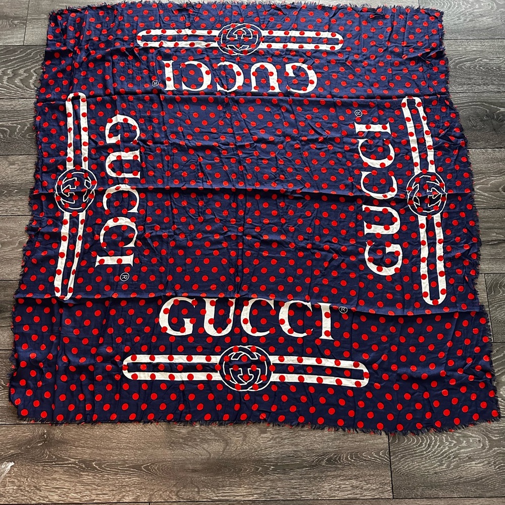 Brand new Gucci Navy and Red Polka Dot Scarf